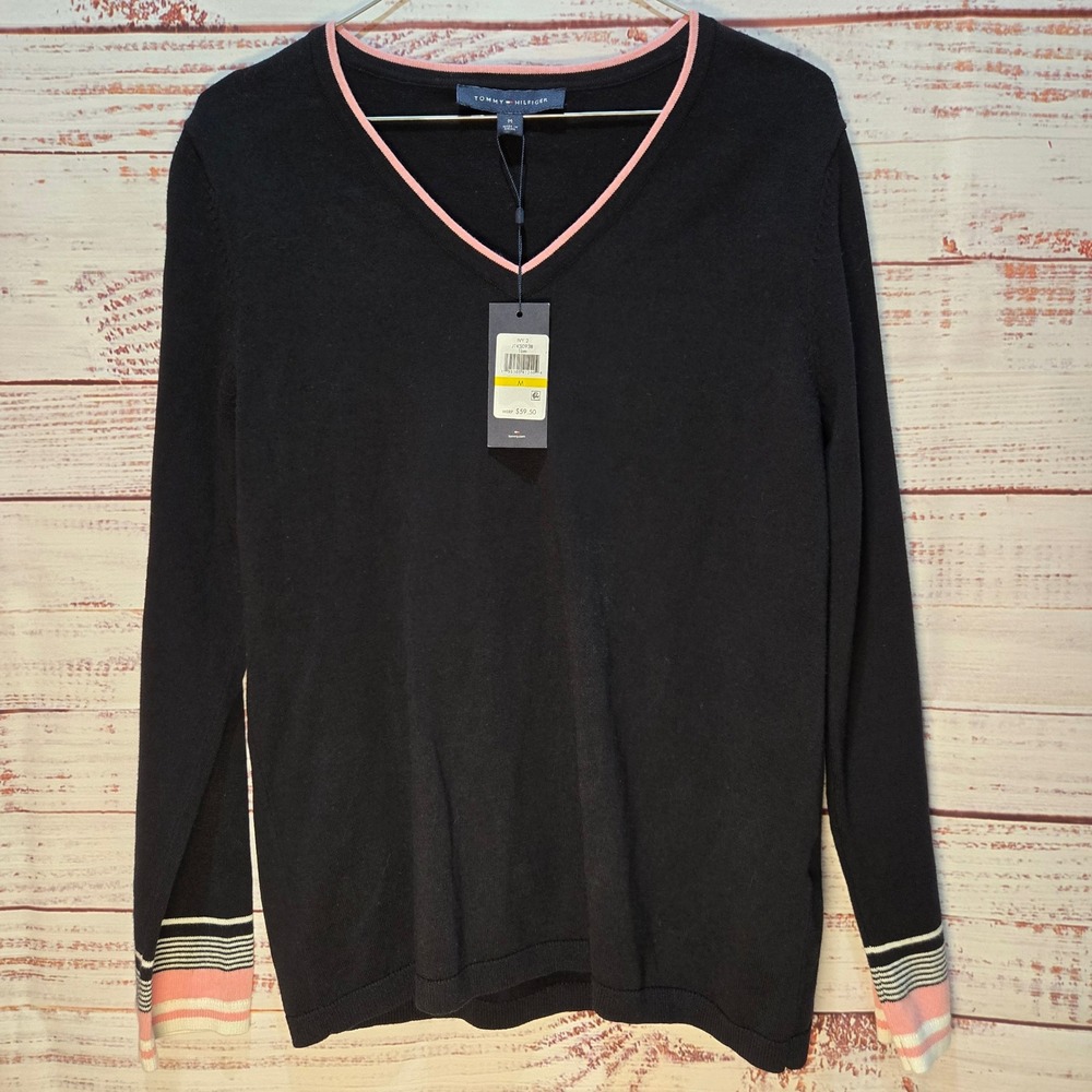 Tommy Hilfiger IVY 2 Women's Medium NEW V-Neck Sweater Black Pink Striped Cuffs‎